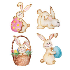 Watercolor set of brown Easter cute bunnies with Easter eggs