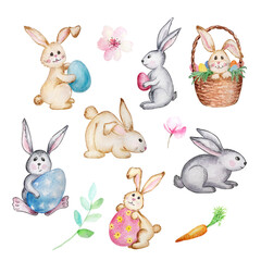 Watercolor set brown and gray Easter bunnies with Easter eggs