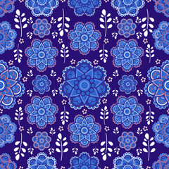 Blue tropical floral ornament mandala flower seamless vector pattern with white leaf Hawaiian style design. Printed fabrics.