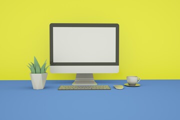 Business background and minimal idea concept. Computer, coffee, plant and the computer mouse on desk in office. 3D Render.