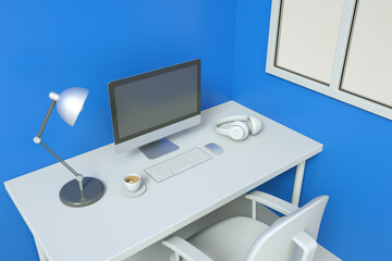 workplace in the corner, blank computer, keyboard, lamp, mouse, headphones, coffee on the table, chair in front, window on the right. Concept of work
