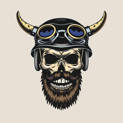 Engraving sticker with skull in horned helmet. Colored tattoo design element with dead male head of bearded biker. Bikers club and freedom concept for tattoo, stamp, print template