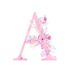 Pink letters with flowers. Romantic, delicate watercolor font. Wedding clipart on a white background.