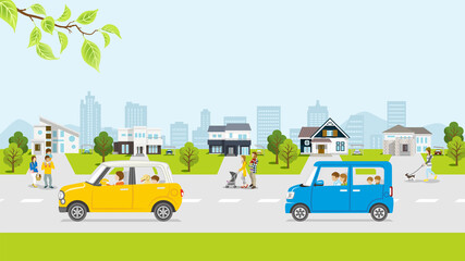 People and car in the residential area, Springtime townscape