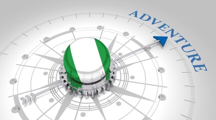 Travel concept. Abstract compass points to the adventure word. Flag of Nigeria. 3D rendering