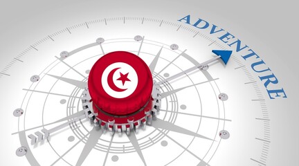 Travel concept. Abstract compass points to the adventure word. Flag of Tunisia. 3D rendering