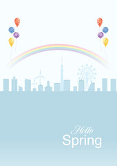 Silhouette of cityscape with balloons and rainbow - Vertical ratio, included words "Hello spring"