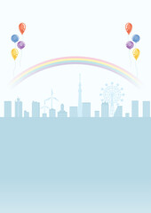 Silhouette of cityscape with balloons and rainbow - Vertical ratio