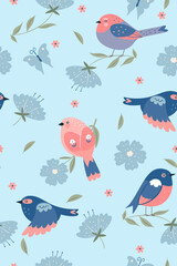 Fototapeta premium Cute spring birds seamless pattern. Vector graphics.