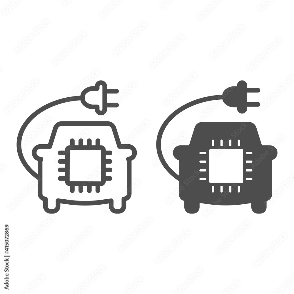 Poster car with plug and processor chip line and solid icon, electric car concept, car circuit board sign o