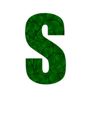 Naklejka premium Letter S of the alphabet with a photograph of green leaves with water drops. Letter S made from green leaves isolated on white Photo. Alphabet symbols with green plant pattern texture inside