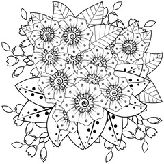 Mehndi flower for henna, mehndi, tattoo, decoration. decorative ornament in ethnic oriental style. doodle ornament. outline hand draw illustration. coloring book page.