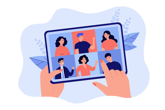 Female hand holding tablet with group video call isolated flat vector illustration. Cartoon digital tablet with online conference on screen. Virtual community and communication concept
