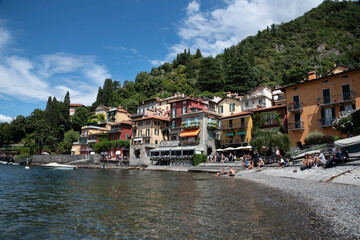 Fototapeta na wymiar Italy, Lombardy, Lake Como, Varenna. Scenic and popular tourist area, lake with houses on hillside