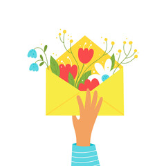 Hand holding cute open envelope with flowers. Hand drawn colorful vector illustration.
