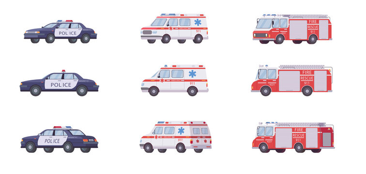 911 emergency vehicles set. Police cars, ambulance vans, fire fighters trucks isolated on white. Vector illustrations for accident, rescue, transport concept