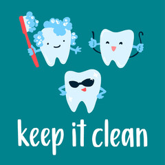 Cartoon illustration with hand drawn vector lettering and cute teeth.