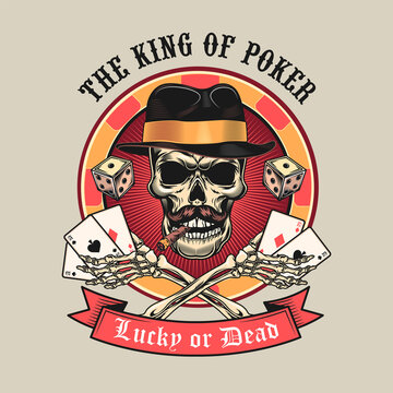 King of poker skull. Colorful isolated element with dead skeleton head in fedora hat, cards and dices vector illustration. Gambling or casino concept for symbols and emblems templates