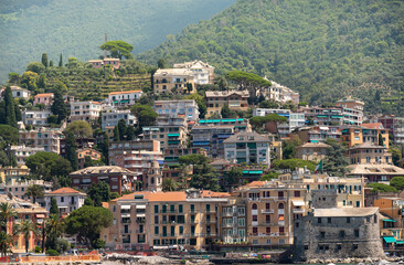 Fototapeta na wymiar Italy, Genoa Province, Rapallo. Hillside with houses overlooking harbor