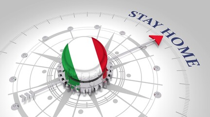 Concept of medicine. Abstract compass points to the stay home text. Flag of Italy. 3D rendering