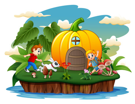 An pumpkin house with two boys playing on island illustration