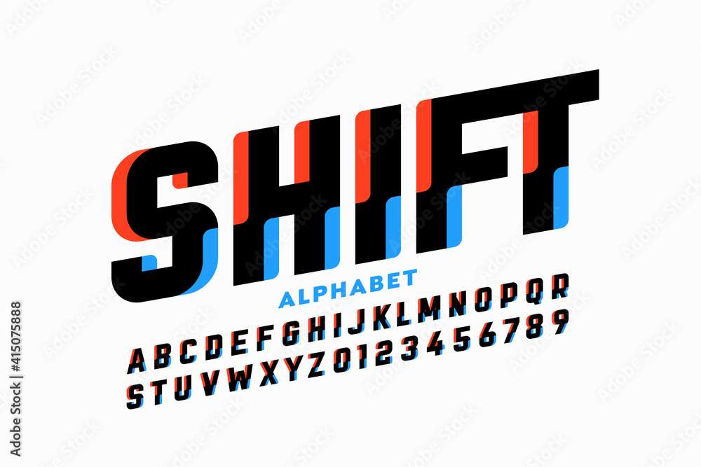 Poster shifted style font design, alphabet letters and numbers