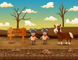 World Wildlife Day sign with children native Indian American