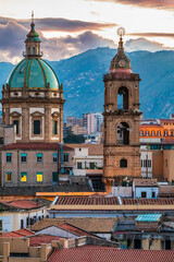 Obraz premium Italy, Sicily, Palermo Province, Palermo. The dome and bell tower of the baroque Chiesa del Gesu, or Church of the Jesus, in Palermo.