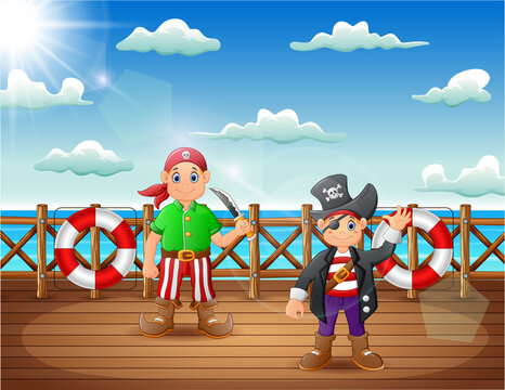 Cartoon pirate man on a decks of a ship