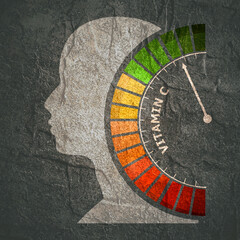 Scale with arrow. The ascorbic acid measuring device. Sign tachometer, speedometer, indicator. Head of man silhouette.