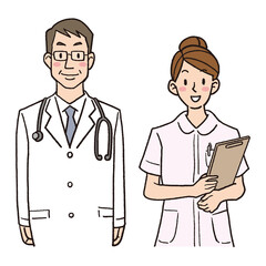 Fototapeta premium 男性医師と女性看護師の線画イラスト