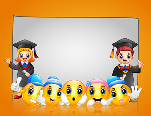 Yellow emoticon template background with happy graduation kids