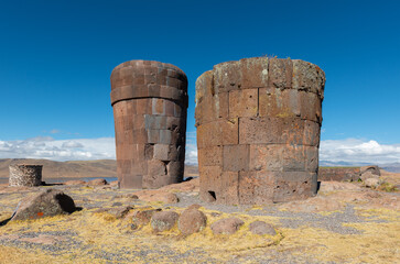 Inca chullpa funerary tomb towers of Sillustani, Peru.