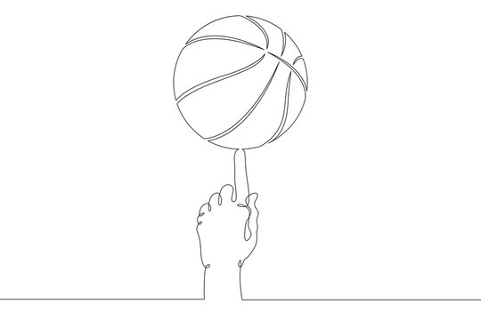 Basketball. Spin the basketball ball on your index finger. One continuous drawing line  logo single hand drawn art doodle isolated minimal illustration