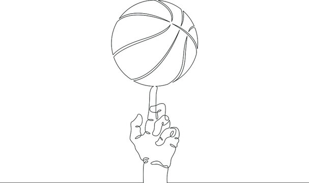 Basketball. Spin the basketball ball on your index finger. One continuous drawing line  logo single hand drawn art doodle isolated minimal illustration