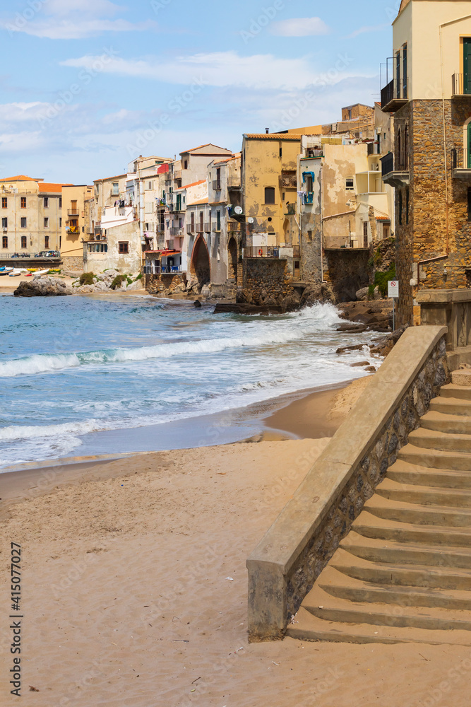 Canvas Prints Italy, Sicily, Palermo Province, Cefalu. The beach on the Mediterranean Sea in the town of Cefalu.