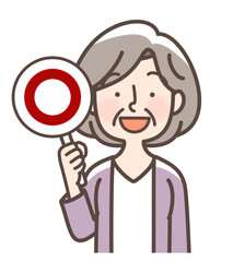 まる札を掲げる女性　おばあさん