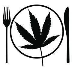 Cannabis leaves on plate. Lined black and white flat design. Cannabis in food produce concept. Vector illustration styles icon.
