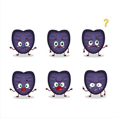 Cartoon character of slice of black strawberry with what expression