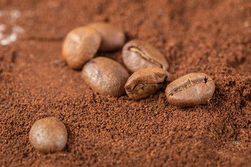 Coffee beans on the blended coffee or cocoa powder