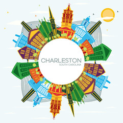 Obraz premium Charleston South Carolina City Skyline with Color Buildings, Blue Sky and Copy Space.