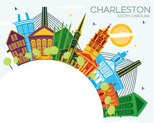 Fototapeta premium Charleston South Carolina City Skyline with Color Buildings, Blue Sky and Copy Space.