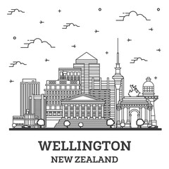Fototapeta premium Outline Wellington New Zealand City Skyline with Modern and Historic Buildings Isolated on White.