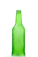 top of a cloudy green empty beer bottle on a white background close-up, bottom view