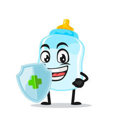 vector illustration of pacifier mascot or character holding shield for protection
