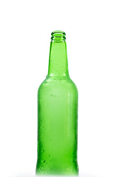 Top Of A Cloudy Green Empty Beer Bottle On A White Background Close-up, Bottom View