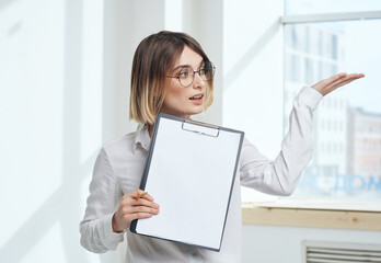 room finance woman business documents interior window
