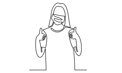 Continue line of woman wearing medical face mask and showing thumbs up sign