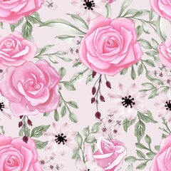 Seamless pattern beautiful pink flower and leaves