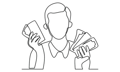 Continue line of man with banknotes of money in his hands